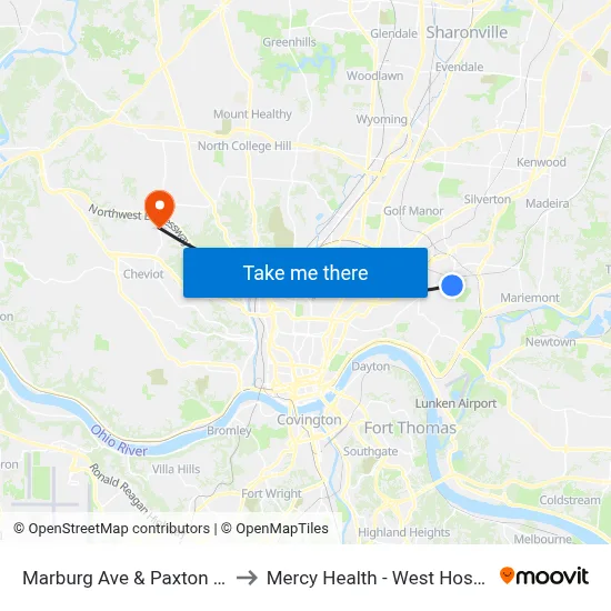 Marburg Ave & Paxton Ave to Mercy Health - West Hospital map