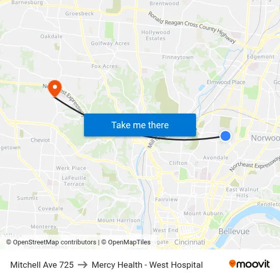 Mitchell Ave 725 to Mercy Health - West Hospital map