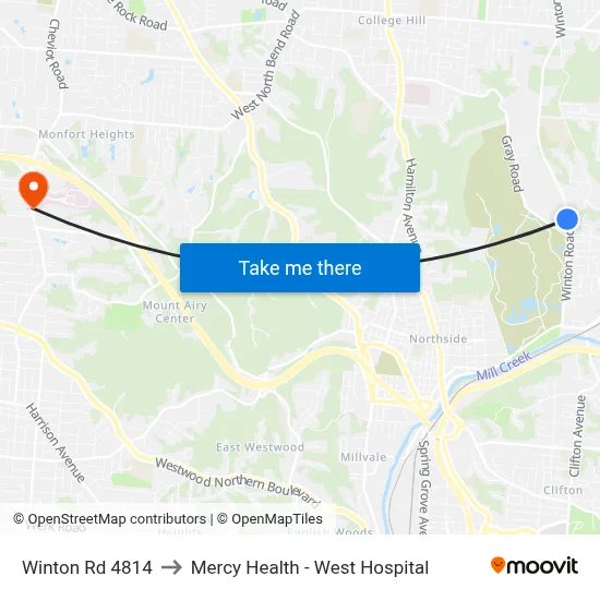 Winton Rd 4814 to Mercy Health - West Hospital map