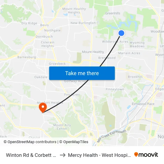 Winton Rd & Corbett Rd to Mercy Health - West Hospital map