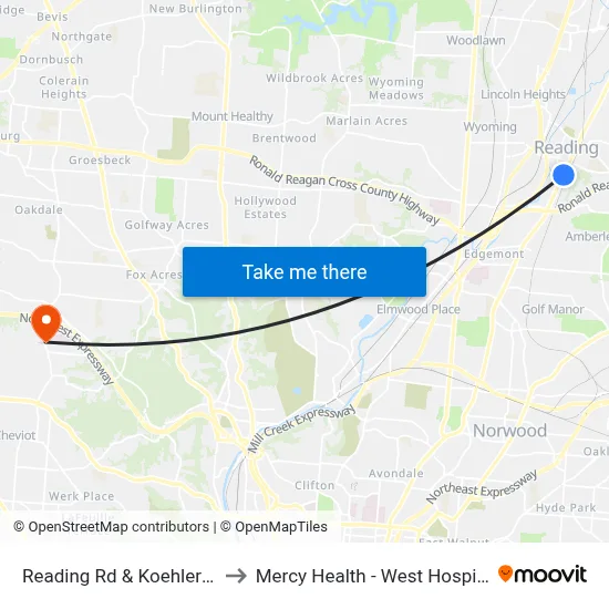 Reading Rd & Koehler St to Mercy Health - West Hospital map