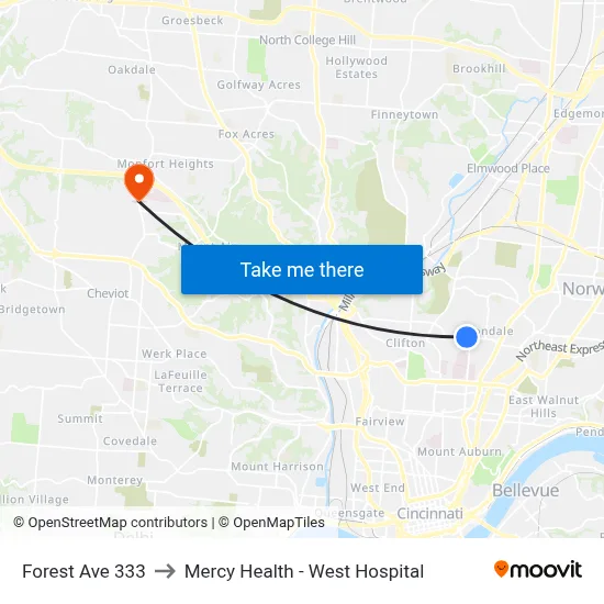 Forest Ave 333 to Mercy Health - West Hospital map