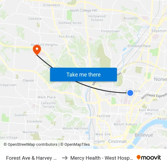Forest Ave & Harvey Ave to Mercy Health - West Hospital map