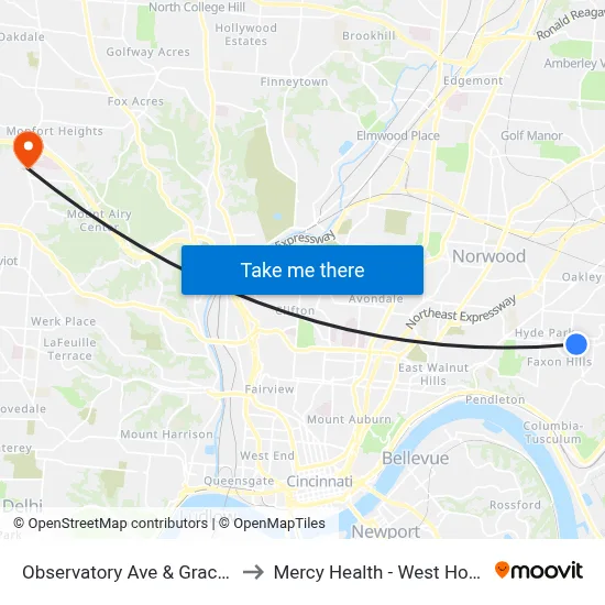 Observatory Ave & Grace Ave to Mercy Health - West Hospital map