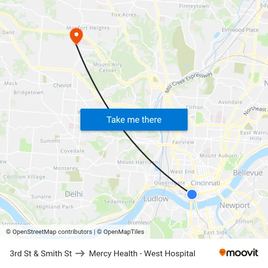 3rd St & Smith St to Mercy Health - West Hospital map