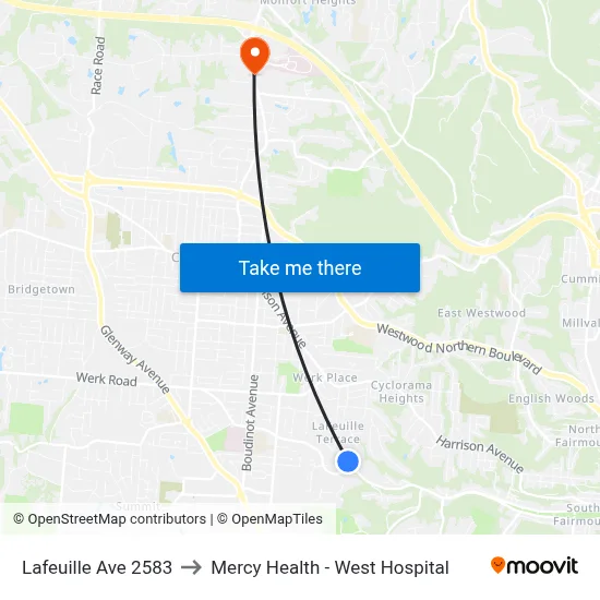 Lafeuille Ave 2583 to Mercy Health - West Hospital map