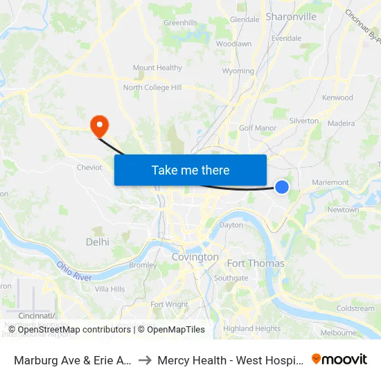Marburg Ave & Erie Ave to Mercy Health - West Hospital map