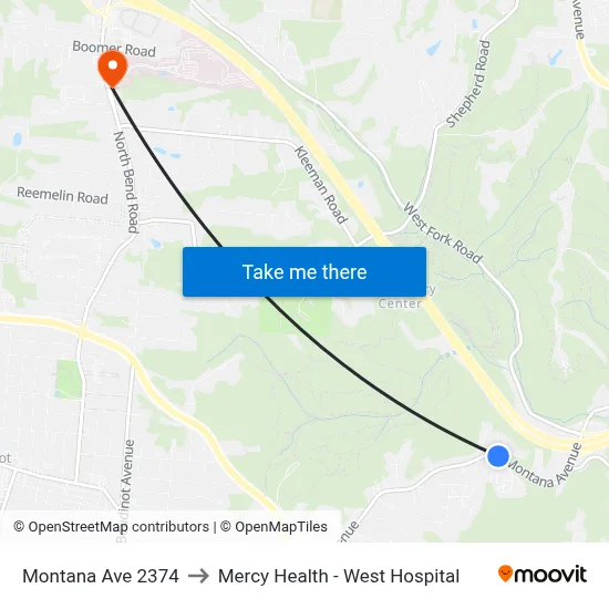 Montana Ave 2374 to Mercy Health - West Hospital map