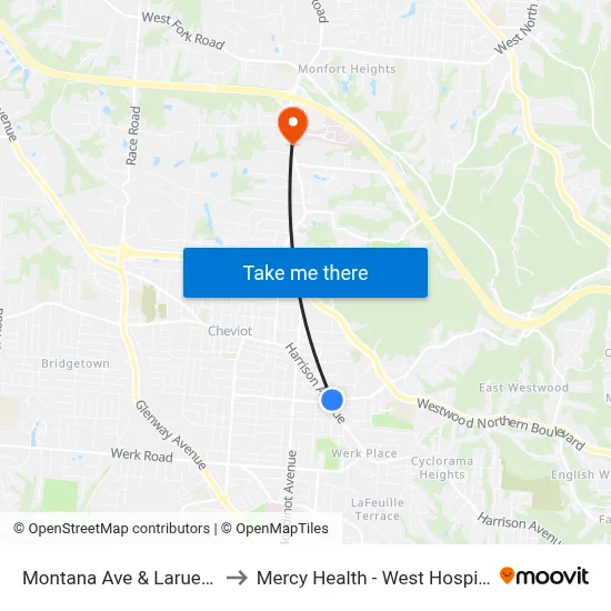 Montana Ave & Larue Ct to Mercy Health - West Hospital map