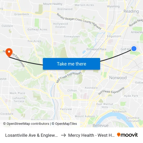Losantiville Ave & Englewood Ave to Mercy Health - West Hospital map