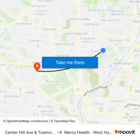 Center Hill Ave & Townvista Dr to Mercy Health - West Hospital map