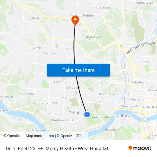 Delhi Rd 4123 to Mercy Health - West Hospital map