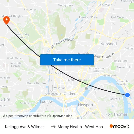 Kellogg Ave & Wilmer Ave to Mercy Health - West Hospital map