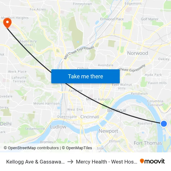Kellogg Ave & Gassaway Rd to Mercy Health - West Hospital map