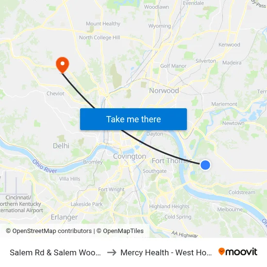 Salem Rd & Salem Woods Ln to Mercy Health - West Hospital map