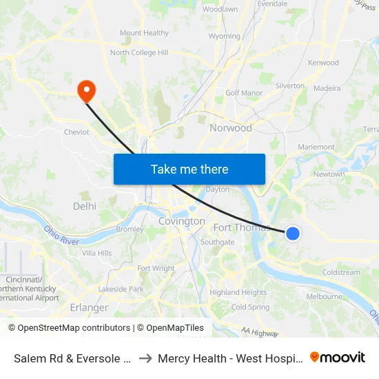 Salem Rd & Eversole Rd to Mercy Health - West Hospital map