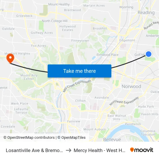 Losantiville Ave & Bremont Ave to Mercy Health - West Hospital map