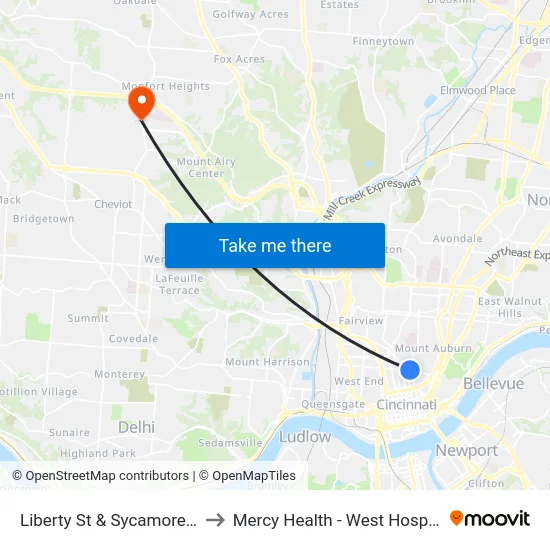 Liberty St & Sycamore St to Mercy Health - West Hospital map