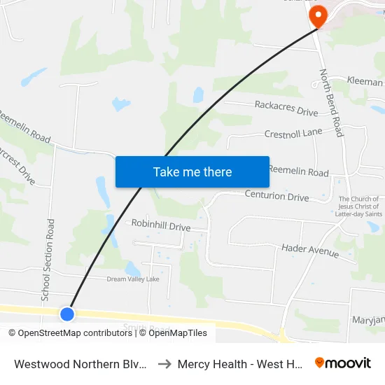 Westwood Northern Blvd 4141 to Mercy Health - West Hospital map