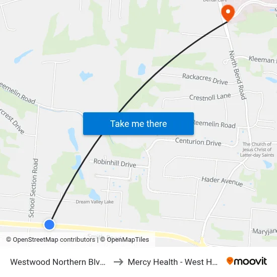 Westwood Northern Blvd 4134 to Mercy Health - West Hospital map