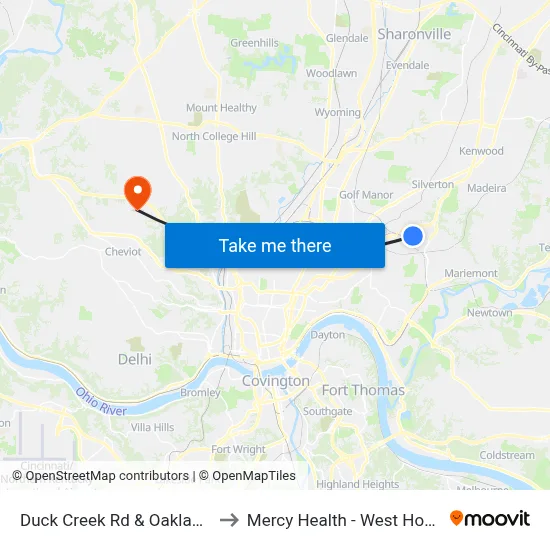 Duck Creek Rd & Oaklawn Dr to Mercy Health - West Hospital map