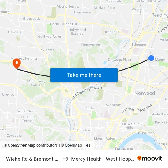 Wiehe Rd & Bremont Ave to Mercy Health - West Hospital map