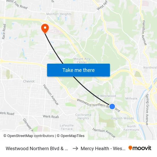 Westwood Northern Blvd & Baltimore Ave to Mercy Health - West Hospital map