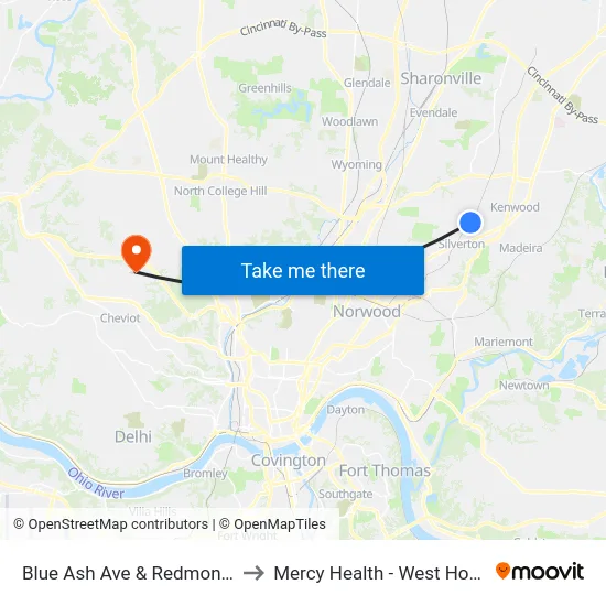 Blue Ash Ave & Redmont Ave to Mercy Health - West Hospital map