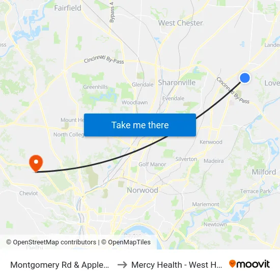 Montgomery Rd & Appleseed Dr to Mercy Health - West Hospital map