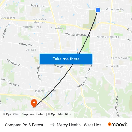 Compton Rd & Forest Ave to Mercy Health - West Hospital map