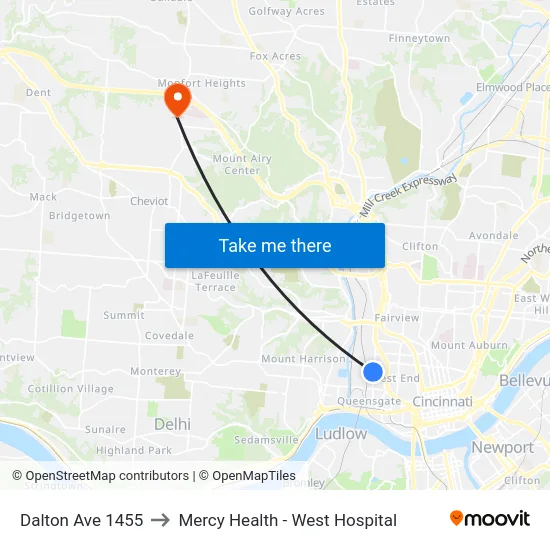 Dalton Ave 1455 to Mercy Health - West Hospital map