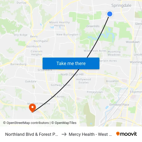Northland Blvd & Forest Park Plaza to Mercy Health - West Hospital map