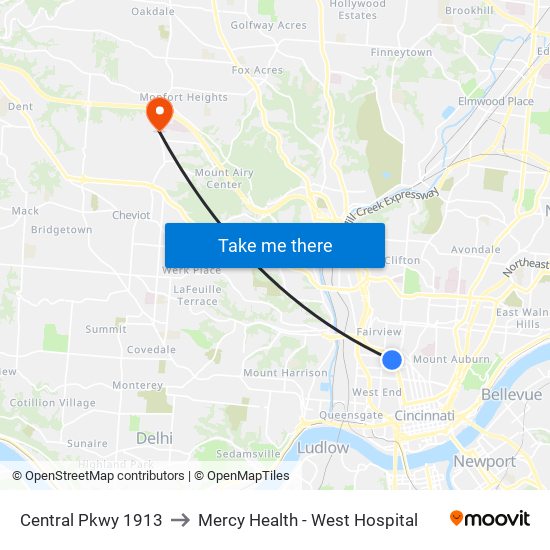 Central Pkwy 1913 to Mercy Health - West Hospital map