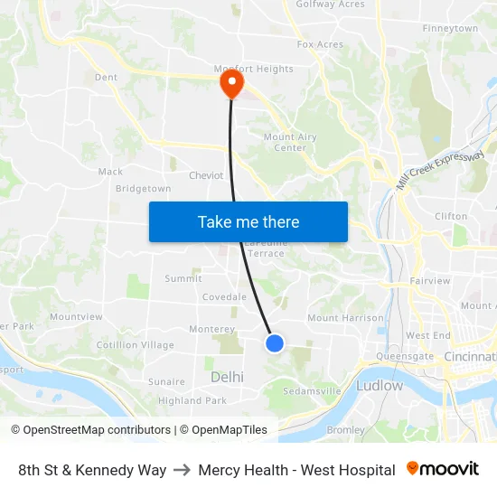 8th St & Kennedy Way to Mercy Health - West Hospital map