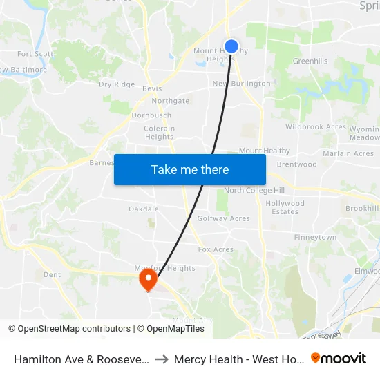 Hamilton Ave & Roosevelt Ave to Mercy Health - West Hospital map
