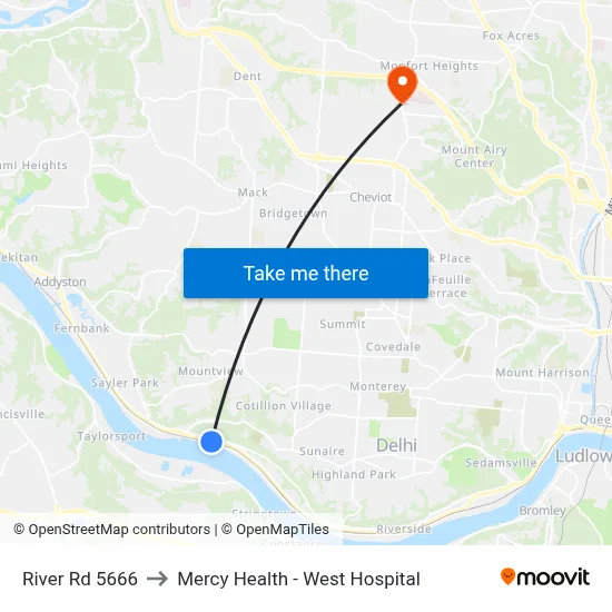 River Rd 5666 to Mercy Health - West Hospital map