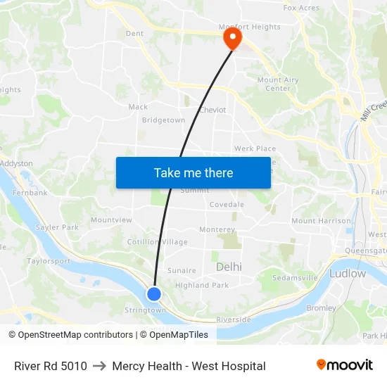 River Rd 5010 to Mercy Health - West Hospital map