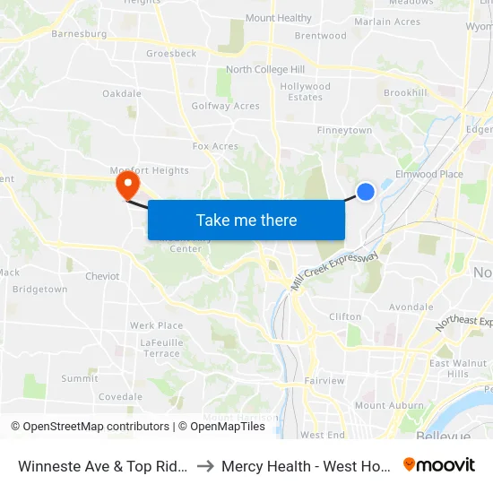 Winneste Ave & Top Ridge Pl to Mercy Health - West Hospital map