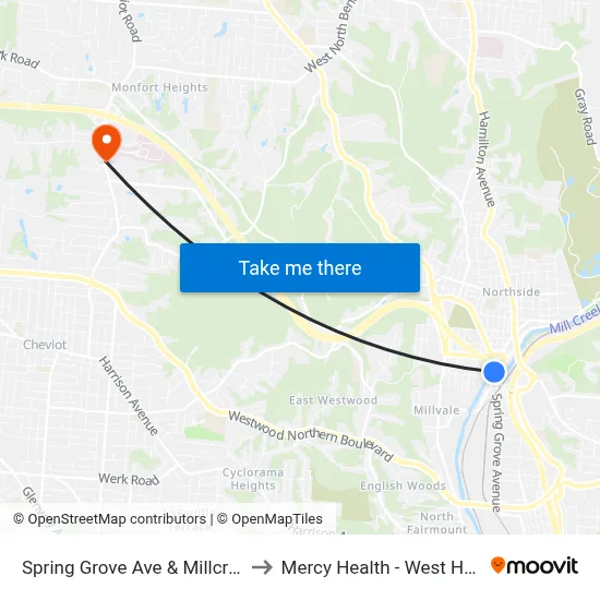 Spring Grove Ave & Millcreek Rd to Mercy Health - West Hospital map