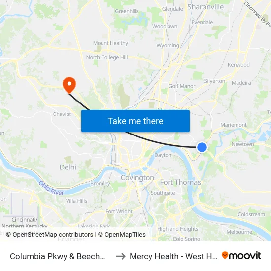 Columbia Pkwy & Beechmont Ave to Mercy Health - West Hospital map