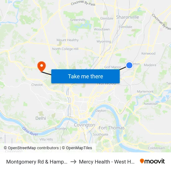 Montgomery Rd & Hampton Dr to Mercy Health - West Hospital map