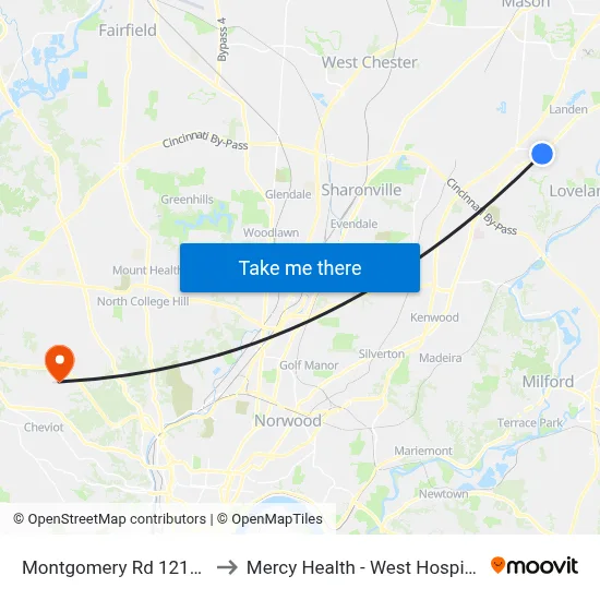 Montgomery Rd 12131 to Mercy Health - West Hospital map