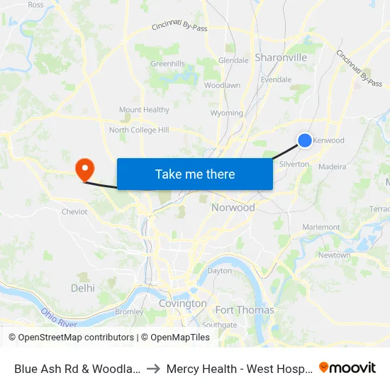 Blue Ash Rd & Woodlawn to Mercy Health - West Hospital map