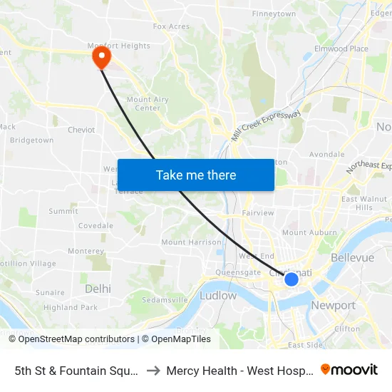 5th St & Fountain Square to Mercy Health - West Hospital map