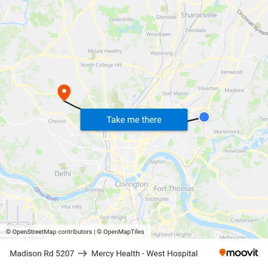 Madison Rd 5207 to Mercy Health - West Hospital map