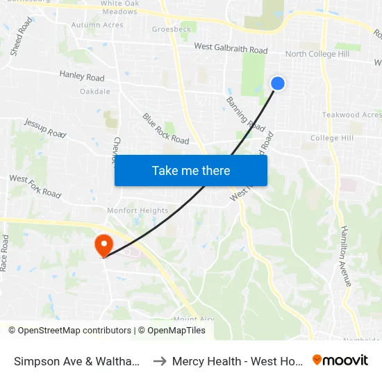 Simpson Ave & Waltham Ave to Mercy Health - West Hospital map