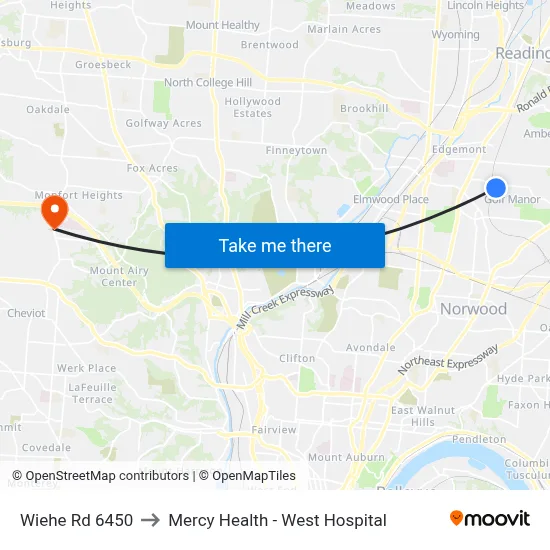 Wiehe Rd 6450 to Mercy Health - West Hospital map