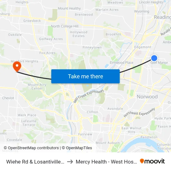 Wiehe Rd & Losantiville Ave to Mercy Health - West Hospital map