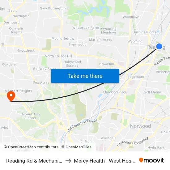 Reading Rd & Mechanic St to Mercy Health - West Hospital map