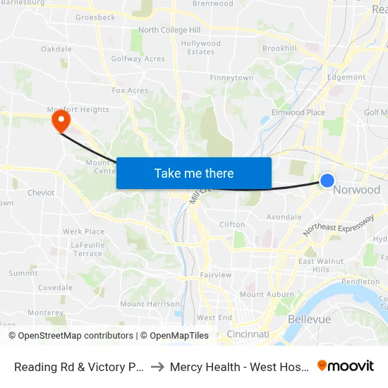 Reading Rd & Victory Pkwy to Mercy Health - West Hospital map